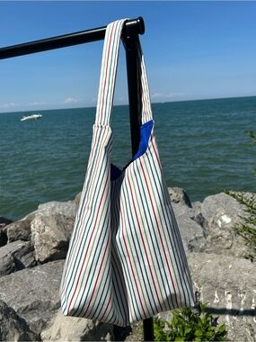 Striped Canvas Tote Bag with Blue Lining